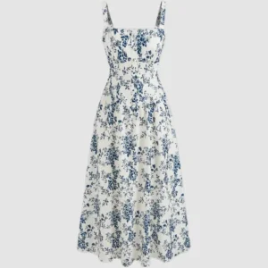 square neck floral corset lace up midi dress