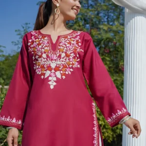kashmiri aari work cotton short kurta – maroon