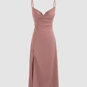 Solid Cowl Neck Slit Midi Dress In Peach 460x 300x300